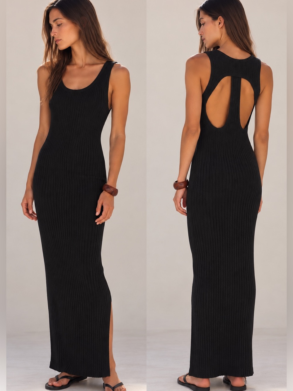 Free People Beach Black Ribbed Cotton Cutout Maxi Dress M